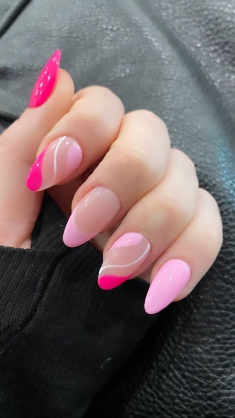 Pink Nail Inspo Acrylic Almond, Almond Nail Pink Design, Pink Summer French Tip Nails, Acrylic Nails Ideas Short Almond Pink, Nail Ideas Designs Summer, Nail Idea 2024, Cute Round Nails Designs, Pink Acyrilics Nails Designs, Pink Hoco Nails Acrylic