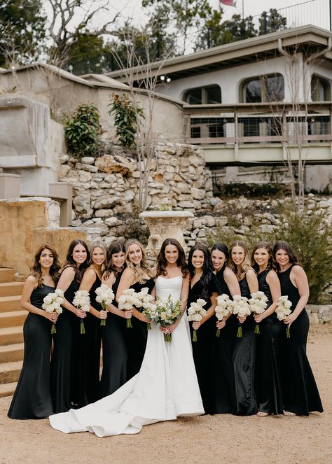 Black Bridesmaid Dress Mismatched, Black Satin Bridesmaid Dress, Villa Antonia, Black Bridesmaid, Fall Bridesmaid Dresses, White Wedding Theme, Bridesmaid Attire, Black Bridesmaids, Mismatched Bridesmaid Dresses