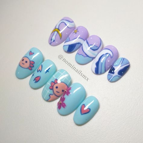 Axolotl Nails Art, Axolotl Nail Art, Axolotl Nails, Uñas Aesthetic, Bubble Nails, Animal Nails, Nail Colours, Nail Sets, Nail Idea