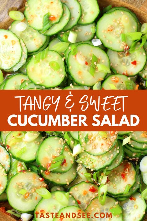 Sliced cucumbers tossed in a tangy and sweet Asian dressing. Asian Salad Cucumber, Hawaiian Cucumber Salad, Sliced Cucumber Salad, The Salad To Bring, Asian Style Cucumber Salad, Cucumber Salad Sweet, Poke Cucumber Salad, Asian Style Cucumbers, Sweet Cucumbers