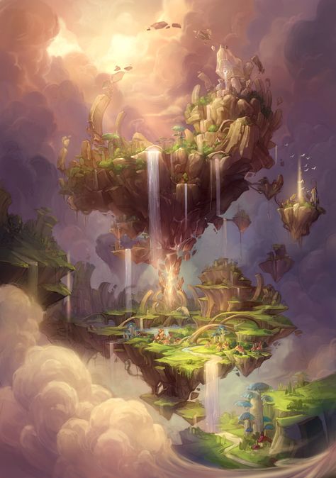 Mira Yoo, Sky City, Cloud City, Mystical Places, Landscape Concept, Fantasy Forest, Fantasy House, Fantasy Castle, Fantasy Places