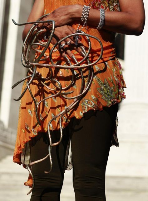 Woman with World's Longest Fingernails: See How She Texts with 20 ... Longest Nails In The World, Longest Nails, The Dutchess, Long Fingernails, Guinness Book Of World Records, Red Carpet Manicure, Finger Nails, Her Nails, Guinness World Records