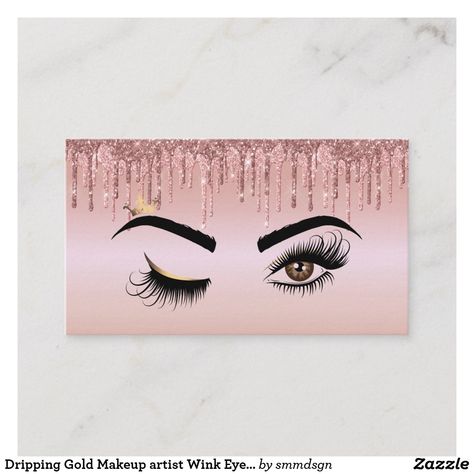 Dripping Gold Makeup artist Wink Eye Lashes Business Card Makeup Painting Canvas, Eyelash Painting, Vaseline Eyelashes, Makeup Painting, Makeup Canvas, Dripping Gold, Lashes Business, Makeup Artist Business Cards, Gold Makeup