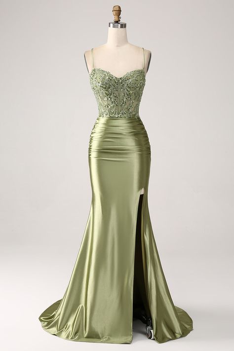 Prom Dress Army Green, Glam Long Dress, Glitter Corset Prom Dress, Sage Mermaid Dress, Xxs Prom Dresses, Soft Green Dress Formal, Prom Dress 1920s Style, Khaki Green Prom Dress, Prom Dresses For Green Eyes