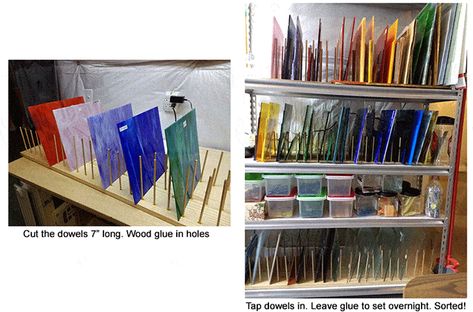 Storage For Glass Pane, Stained Glass Storage Rack, Stained Glass Studio Organization, Stained Glass Organization, Stained Glass Workbench, Stained Glass Studio Setup, Stained Glass Storage Ideas, Glass Storage Ideas, Stained Glass Storage