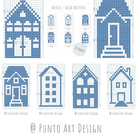 House Design Chart ⋆ Free Grid Pattern ⋆ Punto Art Design New Year Card Making, C2c Graphgan, Fair Isle Crochet, Intarsia Knitting, Mosaic Crochet, Tapestry Blanket, Cable Knitting, Tapestry Bag, Grid Design