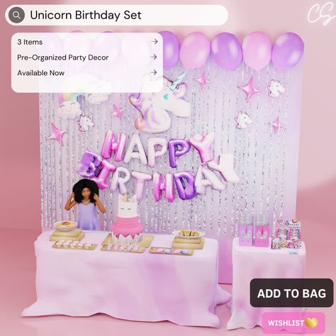 Unicorn Birthday Party Set 🦄 | Patreon Sims 4 Unicorn, Sims 4 Jobs, Lotes The Sims 4, Unicorn Backdrop, Treat Table, Sims Baby, The Sims 4 Pc, Pelo Sims, Birthday Party Set