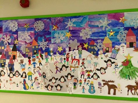 Collaborative Holiday Art Projects, Collaborative Winter Art For Kids, Winter Murals Art Projects, Winter Murals For Kids, Winter Mural, Winter Classroom Decorations, Collaborative Mural, Winter Art Lesson, Group Art Projects