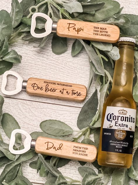 Make your gift count with our convenient wooden-handled bottle opener. Engraved with your special message, this meaningful gift will tell your story. These are laser engraved and will never peel or fade. A quirky small gift for the men in your life. This thoughtful bottle opener can be used for his favorite drink year round. In notes at checkout, please indicate title of person receiving the opener (Dad, Daddy, Papa, Papi, Abuelo, Grandpa, etc.) Engraving Designs Ideas, Bottle Opener Quotes, Glass Laser Engraving, Laser Engraved Wedding Gifts, Bottle Opener Sayings, Wood Laser Engraving Ideas, Wood Engraving Ideas, Laser Engraving Ideas Projects, Engraved Gift Ideas