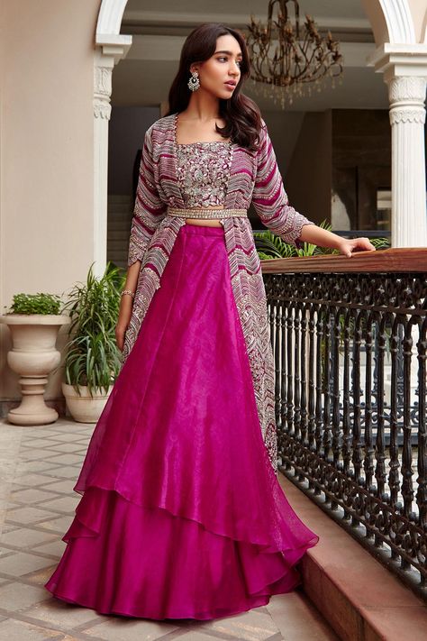 Lehenga With Jacket, Marriage Preparation, Layered Lehenga, Dupatta Draping, Open Skirt, Jacket Lehenga, Organza Jacket, Lehenga Design, Western Dresses For Women