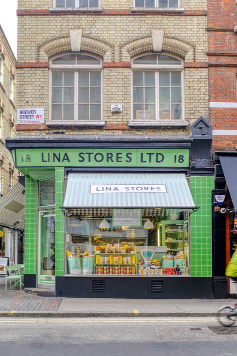 Vinage shop front Lina Stores, Brewer Street W1, London UK. #London #Soho #VisitLondon #CityBreak #Travel #TravelPhotography #Shops #VisitBritian #city #Photography #StreetPhotography #BrewerStreet Lina Stores London, Lina Stores, Old Store Fronts Small Towns, London Store Fronts, Downtown Store Fronts, Small Town Store Fronts Main Street, British Store Fronts, Fitzrovia London, London Soho