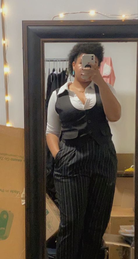 pinstripe dress pants, white collared blouse, black vest Dress Pants And Button Up Women, Black Striped Dress Pants Outfit, How To Style Pinstripe Pants, Striped Pants Outfit Work, Pinstripe Vest Outfit, Prom Outfits For Tomboys, Black Pinstripe Pants Outfit, Nonbinary Prom Outfit, Pin Stripe Pants Outfit