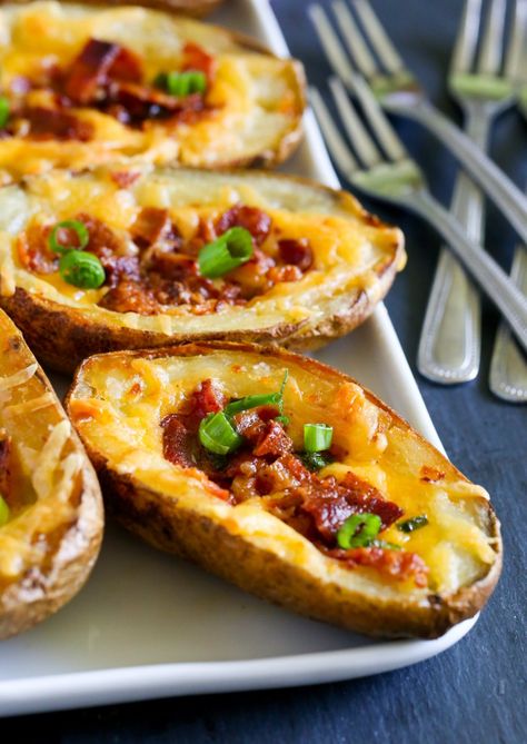 Loaded Baked Potato Skins Loaded Potato Skins Recipe, Loaded Baked Potato Skins, Potato Skins Recipe, Loaded Potato Skins, Baked Potato Skins, Potatoe Skins Recipe, Hosting A Party, Potato Skin, Loaded Potato