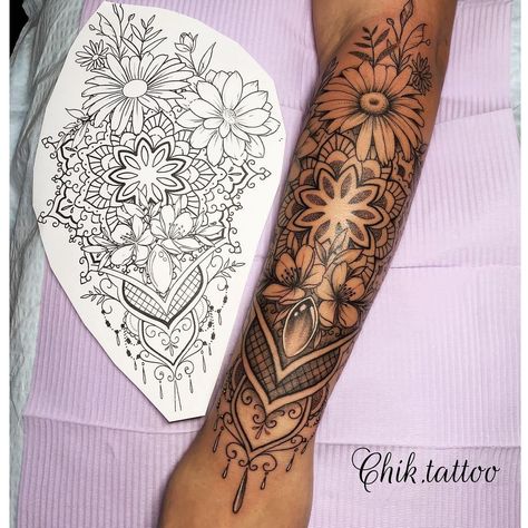 Forearm Mandala Tattoo, Mandala Arm Tattoos, Floral Arm Tattoo, Half Sleeve Tattoos Forearm, Floral Mandala Tattoo, Mandala Tattoo Sleeve, Mandala Flower Tattoos, Cuff Tattoo, Feminine Tattoo Sleeves