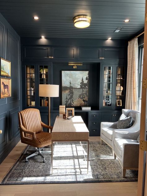 Moody Office Inspo Dark Ceiling Office, Dark Office Built Ins, Entire Room Painted One Color, Office Mens Decor, Mediterranean Home Office Ideas, Office Desk In Middle Of Room, Office And Bar Room Combo, Dark Paint Office, Home Office Men Ideas