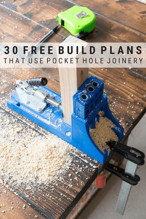 30 free build plans using pocket hole joinery. Looking for woodworking projects that use a KregJig? Here are 25 completely free and completely awesome plans for you to choose from! #buildplans #kregtool #kregjig #woodworking #diy Kreg Jig Projects, Woodworking Jig Plans, Advanced Woodworking Plans, Pocket Hole Joinery, Build Plans, Wood Crafting Tools, Kreg Jig, Woodworking Patterns, Pocket Hole