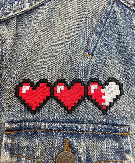 "Zelda inspired Heart Container Patch. This patch measures approximately 4\" X 1.25 All of my patches include an iron on backing but may also be sewn on.  Custom sizing and colors are available on this patch. Send me a DM!" Cute Patches Diy, Patches On Shirt, Homemade Patches Diy, Cool Patches Design, Jacket Patches Ideas, Patches On Pants, Jacket Patches Aesthetic, Senior Jackets Patches, Aesthetic Patches