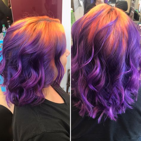 You can find the hairstyles on instagram! @ hairbycaitlingreen Orange Roots Purple Hair, Purple And Orange Hair Short, Colored Roots Hair, Purple Orange Hair, Orange Purple Hair, Orange And Purple Hair, Purple And Orange Hair, Inspo Hairstyles, Trish Una