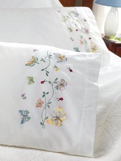 Bucilla Butterflies In Flight, Stamped Embroidery Kit, Bantal Sofa, Embroidery Transfers, Embroidered Butterfly, Embroidered Pillowcases, 자수 디자인, Vintage Embroidery, Night Stand