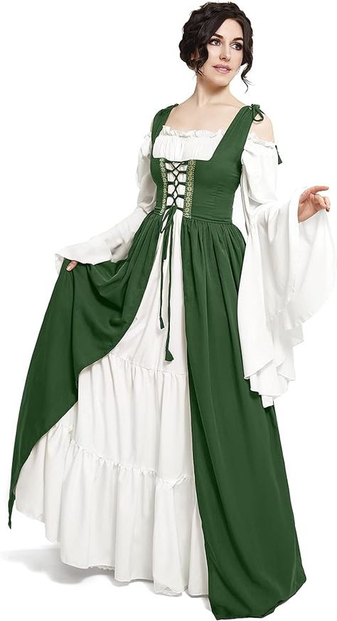 Amazon.com: Mythic Renaissance Medieval Irish Costume Over Dress & Cream Chemise Set (XXS/XS, Jade- 4 Point) : Clothing, Shoes & Jewelry Irish Costume, Irish Costumes, Irish Clothing, Royalty Dress, Medieval Princess, Fair Outfits, Hollywood Costume, Over Dress, Medieval Costume