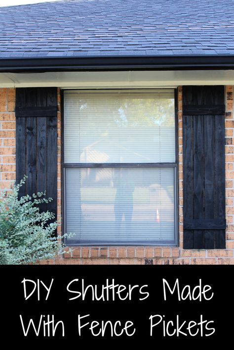 DIY Shutters Made With Fence Pickets Outdoor Wood Shutters, Shutters From Fence Pickets, Fence Picket Shutters, Diy Shutters Exterior, Fence Picket Crafts, Fence Picket Projects, Pallet Shutters, Fence Board Projects, Picket Projects