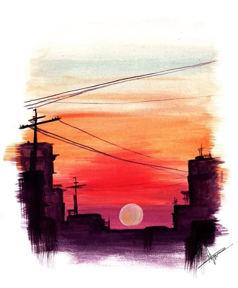 Landscapes Sunset, Drawing Sunset, Sunset Watercolor, Painting Landscapes, Painting Decoration, Power Lines, Easy Canvas, Watercolor Sunset, Watercolour Inspiration