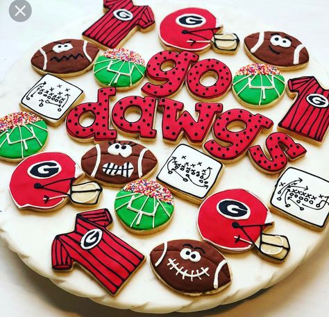 Uga Cookies, Class Reunion Cake, Georgia Bulldogs Cake, College Cookies, Cookie Decor Ideas, Faith Family Football, Bulldog Birthday, Football Treats, Football Foods