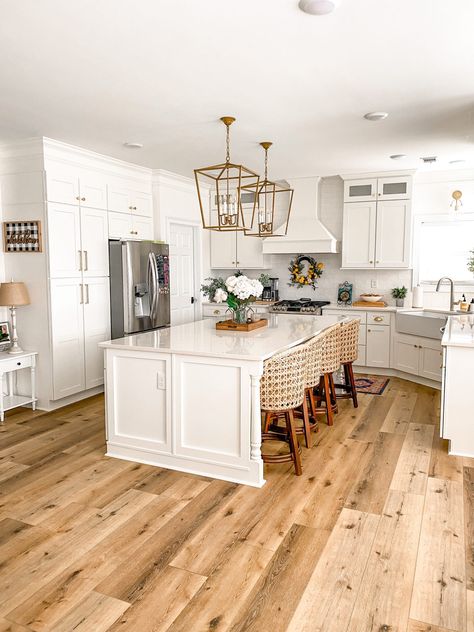 White Kitchen Oak Floor, Hardwood In Kitchen, Oak Floor Kitchen, Welcome To Our Nest, White Kitchen Wood Floors, Kitchen Bright, Hickory Kitchen, Light Oak Floors, Light Wood Kitchens