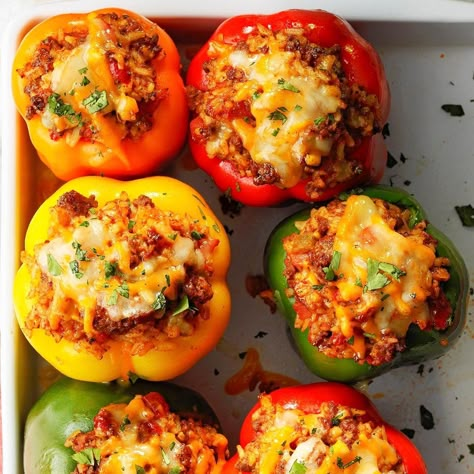 Mexican Stuffed Peppers Mexican Peppers, Stuffed Poblanos, Unstuffed Peppers, Bacon Corn, Mexican Stuffed Peppers, Cheap Lunch, Pepper Recipes, Hamburger Casserole, Bell Pepper Recipes