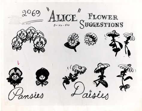 Vintage Disney Alice in Wonderland: Animation Model Sheet 350-8019 - Flower Suggestion... Alice In Wonderland Printables, Alice In Wonderland 1, Alice And Wonderland Tattoos, Alice In Wonderland Flowers, Wonderland Tattoo, Disney Alice In Wonderland, Alice Wonderland, Disney Concept Art, Disney Sketches