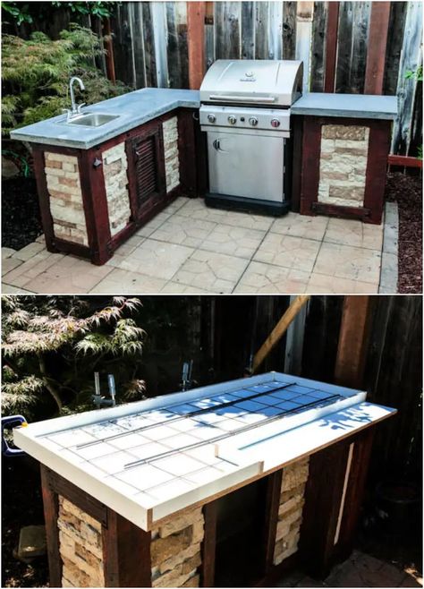 25 Free DIY Outdoor Kitchen Ideas (100% Free Plans) - Blitsy Outdoor Grill Diy, Outdoor Patio Diy, Fireplace Furniture, Concrete Countertops Kitchen, Outdoor Grill Station, Outdoor Living Space Design, Diy Outdoor Table, Outdoor Kitchen Plans, Build Outdoor Kitchen