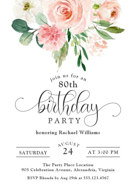 Blush Pink Floral 80th Birthday Party Invitation 80th Birthday Party Invitations, 80th Birthday Party, Birthday Party Invitation Templates, Party Places, 80th Birthday, Birthday Party Invitation, Birthday Party Invitations, Open House, Pink Floral