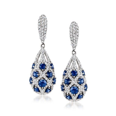 Ross-Simons - 2.20ct t. w. Sapphire, 1.10ct t. w. Diamond Drop Earrings in 14kt White Gold. A pair with superb, heirloom-quality beauty and appeal. These luxurious drop earrings are blanketed in 1.10 ct. t. w. round brilliant-cut diamonds with 2.20 ct. t. w. round sapphires that show off a scintillating deep-blue hue in a lavish, lattice-style design. Finely crafted in polished 14kt white gold. Hanging length is 1 1/4". Hinged post, diamond and sapphire drop earrings. Sapphire birthstones are th Real Sapphire Earrings, Gold And Sapphire Earrings, Expensive Jewelry Luxury Earrings, Sapphire Fine Jewelry, Blue Earrings Wedding, Blue Diamond Earrings, Sapphire Drop Earrings, Blue Diamond Jewelry, Blue Jewelry Set