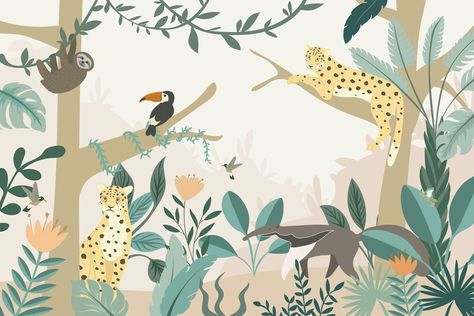 Children's Amazon Rainforest Wallpaper Mural | Bobbi Beck Jungle Mural For Kids, Jungle Animal Wallpaper, Animal Wall Mural, Amazon Rainforest Animals, Jungle Mural, Van Gogh Almond Blossom, Palm Leaf Wallpaper, Rainforest Animals, Animal Mural