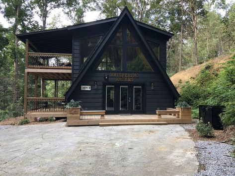 Black Cabin, A Frame House Plans, Down Town, Barn Homes, A Frame Cabin, Loft House, A Frame House, Tiny House Cabin, Cabin In The Woods