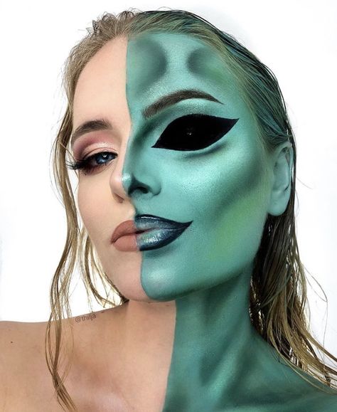 Alien Halloween Makeup, Alien Make-up, Aesthetic Alien, Alien Makeup, Alien Halloween, Creepy Halloween Makeup, Face Paint Makeup, Face Art Makeup, Horror Makeup