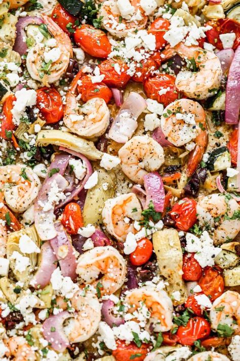 The 35 BEST Sheet Pan Dinners - GypsyPlate Dinner For Boyfriend, Best Sheet Pan Dinners, Sheet Pan Mediterranean, Shrimp Artichoke, Mediterranean Shrimp Recipe, Mediterranean Shrimp, Coconut Crusted Chicken, Pork Chops And Potatoes, Shrimp And Vegetables