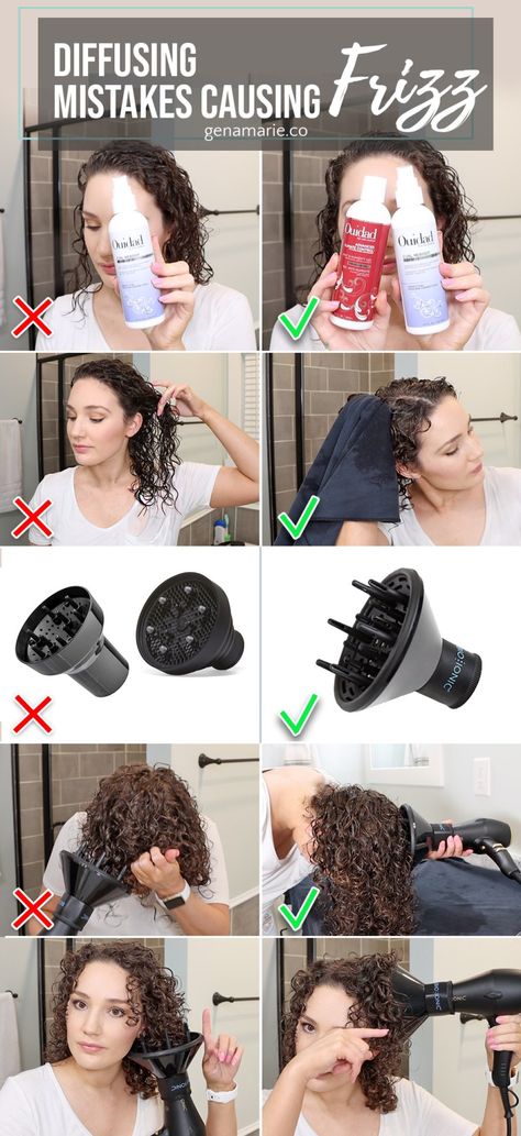 8 Diffusing Mistakes that Cause Frizz + Best Universal Diffuser - Gena Marie Unique Undercut, Curly Hair Techniques, Curly Angled Bobs, Frizzy Hair Tips, Short Permed Hair, Curly Hair Care Routine, Fine Curly Hair, Hair Diffuser, Hair Mistakes