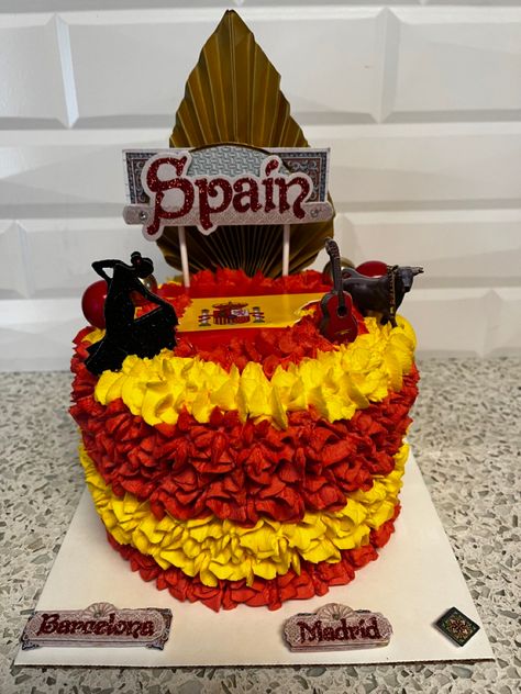 This Spain Themes Cake is a Vanilla Cake with Lemon Curd Filing and Whipped Cream Frosting. Spain Cake Theme, Cake With Lemon Curd, Holey Moley, Whipped Cream Frosting, Cream Frosting, Theme Cake, Lemon Curd, Barcelona Spain, Themed Cakes