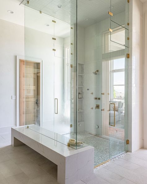 Shower Ceiling Tile, Terracotta Tile Floor, Mediterranean Kitchen Design, Window In Shower, Zellige Tile, Ceiling Tile, Parade Of Homes, Floor To Ceiling Windows, Glass Shower