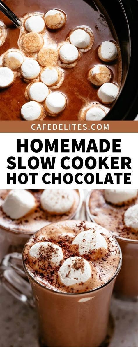 Hot Cocoa Recipe For A Crowd, Hot Cocoa Crockpot Recipe, Best Hot Cocoa, Crock Pot Hot Chocolate Recipe, Slow Cooker Hot Chocolate, Crockpot Hot Chocolate, Homemade Hot Cocoa, Cafe Delites, Hot Cocoa Recipe