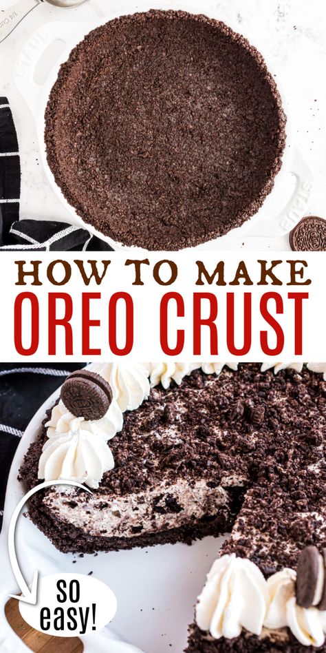 This Oreo Pie Crust recipe is easy to make with only two ingredients! Learn how to make the perfect chocolate pie crust for any cheesecake or no bake pie in 10 minutes or less. Oreo Pie Crust Recipe, Cookie Pie Crust Recipe, Oreo Crust Recipe, No Bake Oreo Pie, Oreo Cookie Pie, Cookie Crust Recipe, Oreo Pie Crust, No Bake Pie, Homemade Oreo Cookies