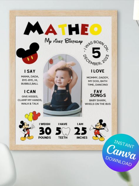 First Birthday Milestone Board, First Birthday Board, Mickey First Birthday, Mickey 1st Birthdays, First Birthday Milestone, Mickey Mouse First Birthday, Birthday Milestone Board, Mickey Mouse 1st Birthday, Milestone Board