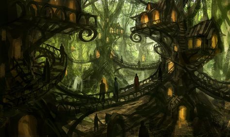 Elf City, Elven City, House Forest, Tree Village, Forest Village, Best Weekend Trips, Fantasy Village, Novel Inspiration, Fantasy Tree