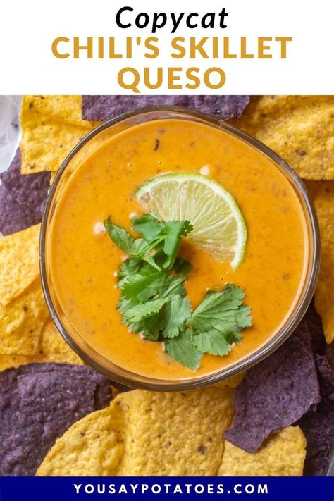 Bowl of dip, with text: Copycat Chili's Skillet Queso. Chilis Skillet Queso Dip Copycat, Velveeta Chili Dip, Skillet Queso Recipe, Hormel Chili Dip, Skillet Queso, Melted Cheese Dip, Stovetop Chili, Hormel Chili, Bean Dip Recipes