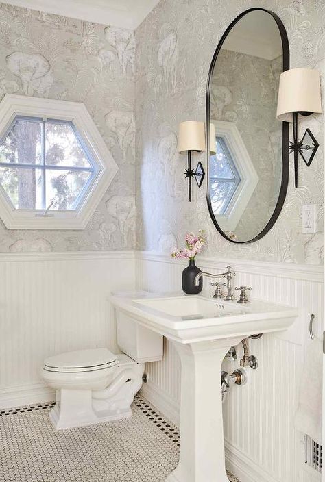 Half Bathroom Decor Ideas, Beadboard Trim, Bathroom Chair, Beadboard Bathroom, White Beadboard, Half Bathroom Decor, Gray And White Bathroom, Park Project, Elephant Wallpaper