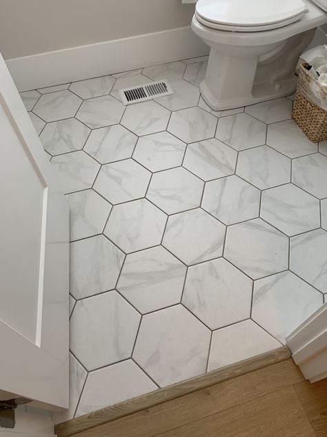 Honeycomb Tiles Bathroom, White Hexagon Tile Bathroom, Bathroom Designs 2023, Guest Bathroom Renovation, Cottagecore Kitchen, Laundry Room Flooring, Hexagon Tile, Bathroom Redesign, Bathroom Remodel Designs