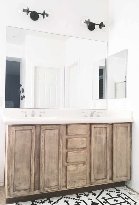 Cabinet Stain Colors and How to Coordinate Them Old Masters Wiping Stain Pickling White, Updating Orange Oak Cabinets, Gold And Wood Bathroom, Lighten Wood Cabinets, Diy Bathroom Cabinets, Old Wood Cabinets, Natural Wood Vanity, Dark Stained Cabinets, Cabinet Stain Colors