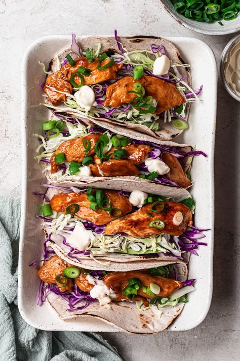 An Asian twist on a Mexican classic, these teriyaki chicken tacos are so easy to make and taste SO good! Teriyaki Tacos, Teriyaki Chicken Tacos, Quick Teriyaki Chicken, Chicken Kimchi, Healthy Teriyaki Chicken, Healthy Family Dinner Recipes, Easy Teriyaki Chicken, Teriyaki Sauce Recipe, Dinner Recipes Healthy Family