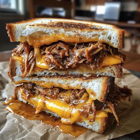 Pulled Pork Grilled Cheese Sandwich Cheese Pull, Pork Grilled Cheese, Pulled Pork Grilled Cheese Sandwiches, Pulled Pork Grilled Cheese, Pulled Pork Sandwiches, Gourmet Pulled Pork Sandwiches, Pork Belly Grilled Cheese, Melted Cheese Sandwich, Barbeque Pork